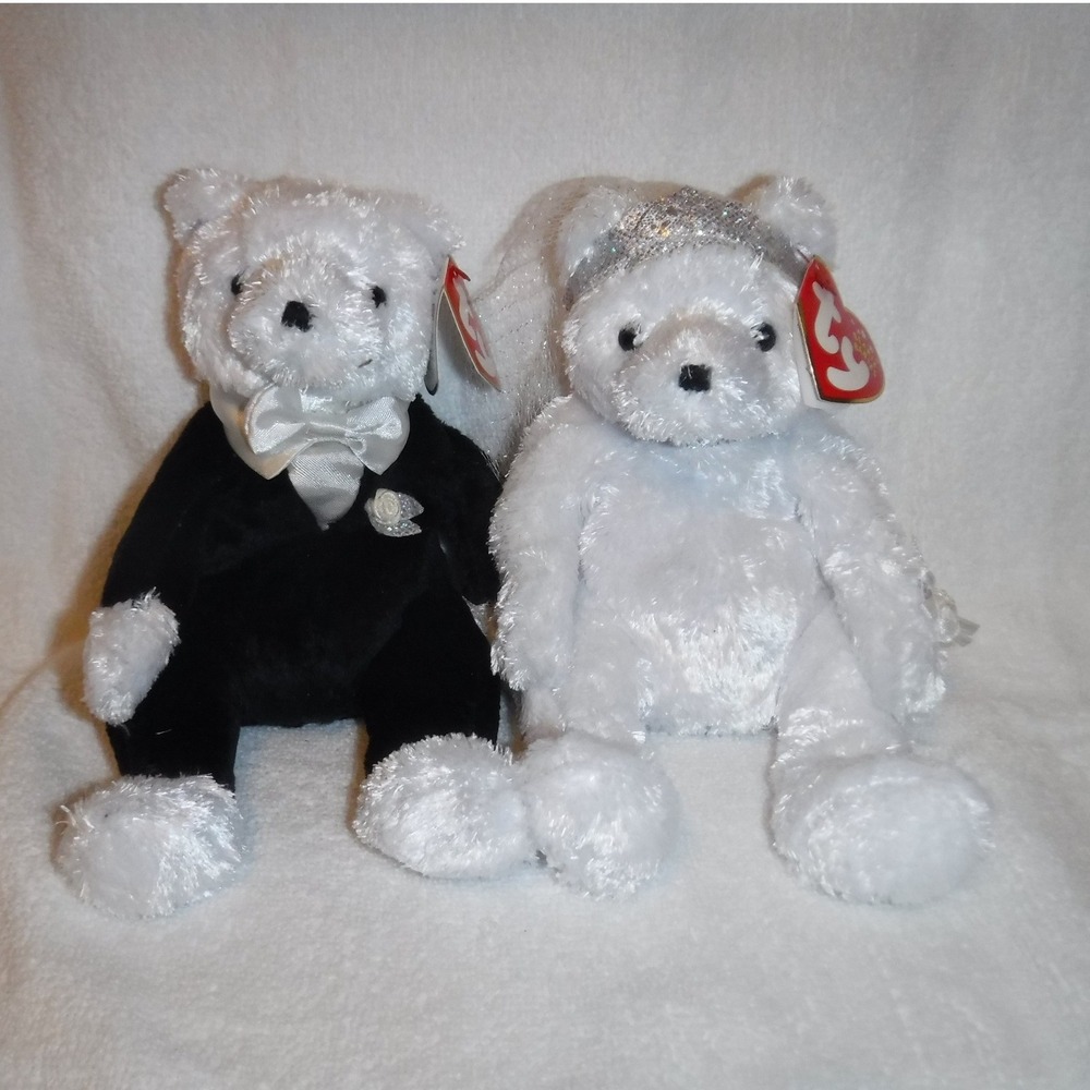 Ty Beanie Babies Bride and Groom Plush Set‎ Small White Black Excellent Wedding